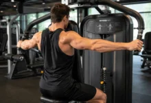 Person performing the reverse fly machine with correct posture and arm position
