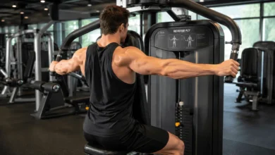 Person performing the reverse fly machine with correct posture and arm position