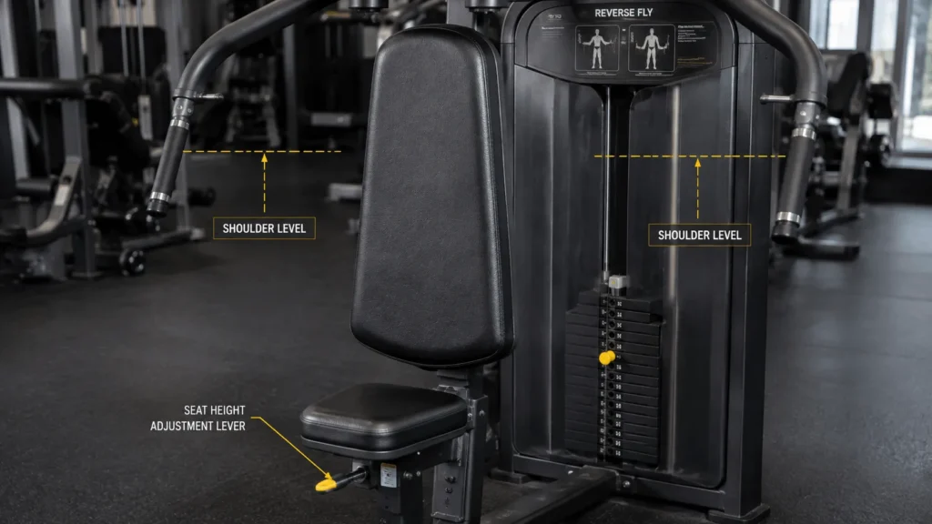Close-up of reverse fly machine seat height adjustment and handle position