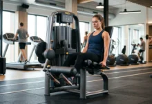 A modern gym setup for the seated leg curl exercise.