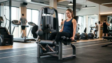 A modern gym setup for the seated leg curl exercise.
