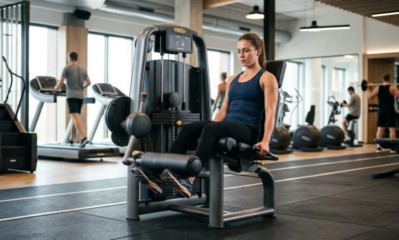 A modern gym setup for the seated leg curl exercise.