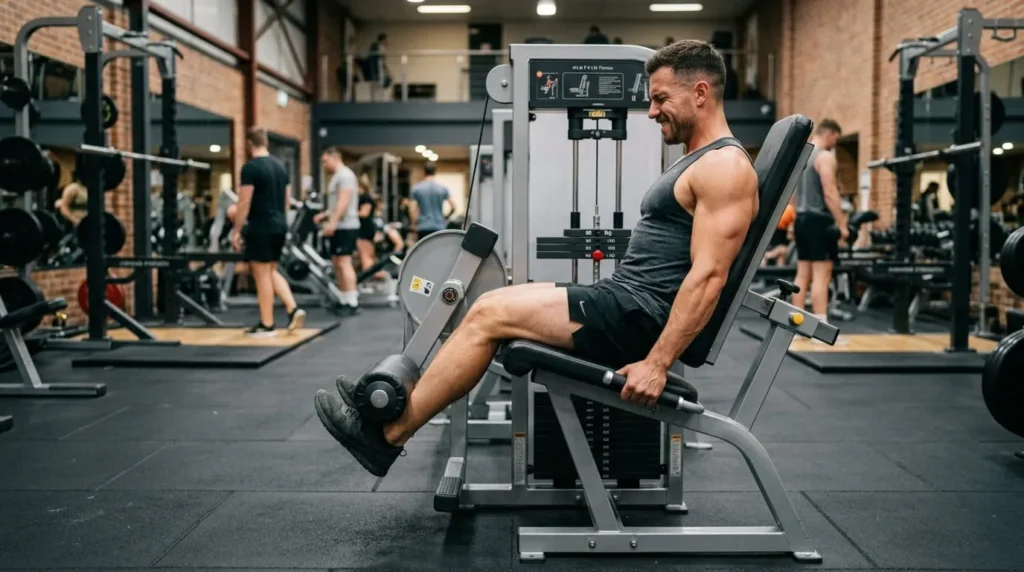 A gym-goer performing a single-leg seated leg curl to address muscle imbalances.