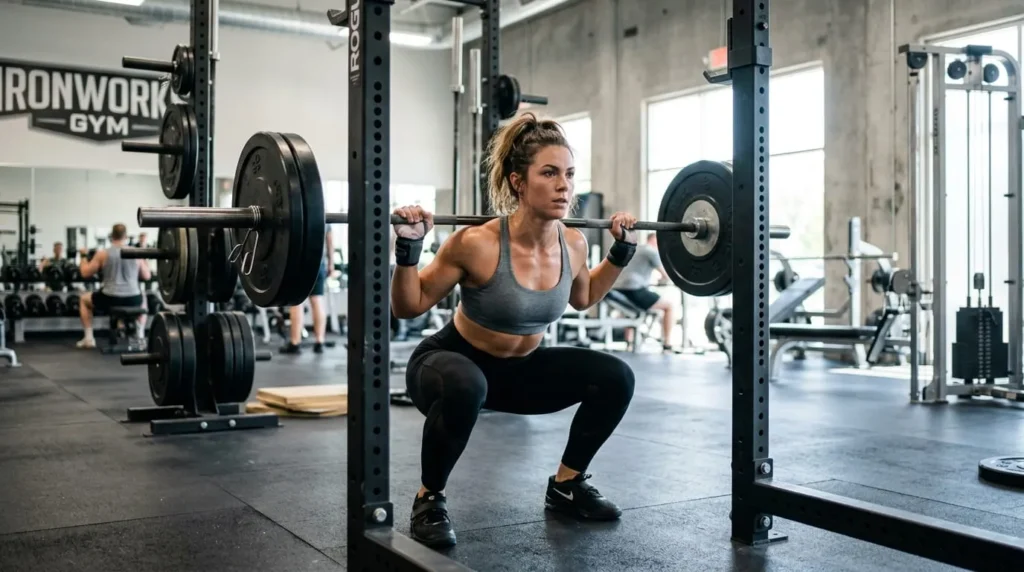 Person performing a barbell squat, a key exercise for how to get lean fast