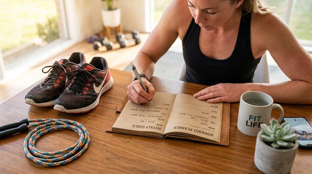 Fitness journal and equipment representing a weekly plan for exercises that burn the most calories