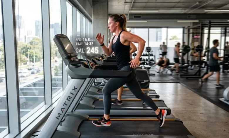 Person sprinting on a treadmill demonstrating what exercise burns the most calories