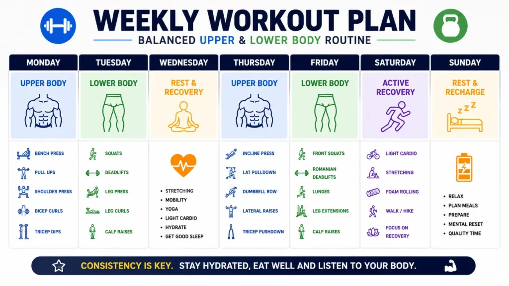 Weekly calendar showing an upper lower workout split with four training days