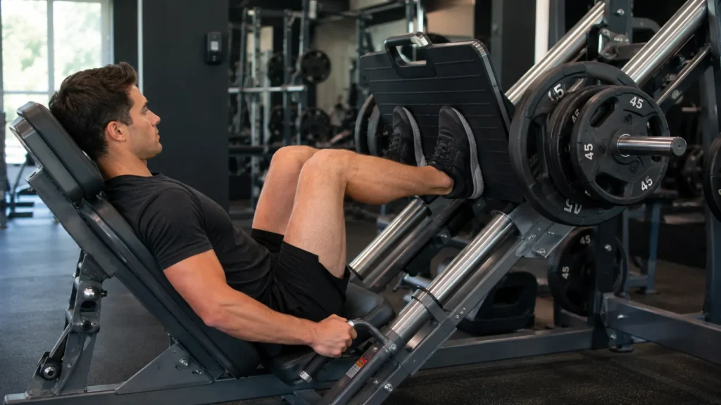 Person performing a deep quad-focused leg press with knees bent to 90 degrees