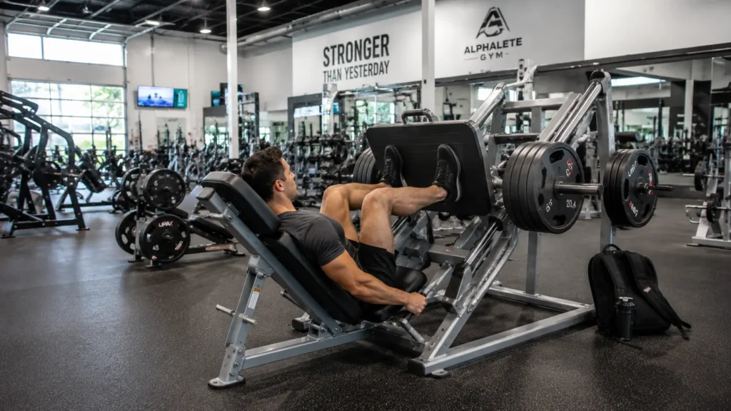 Gym leg press machine used for a quad-focused leg press workout