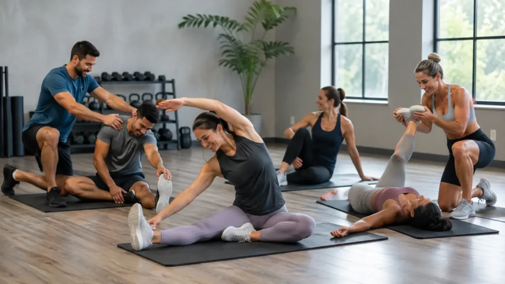 Group performing static and passive stretching exercises during a cool down