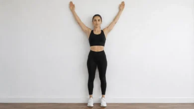 Person against a wall performing the wall angels exercise with arms raised in a V position