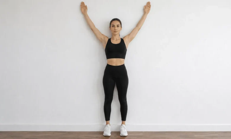 Person against a wall performing the wall angels exercise with arms raised in a V position