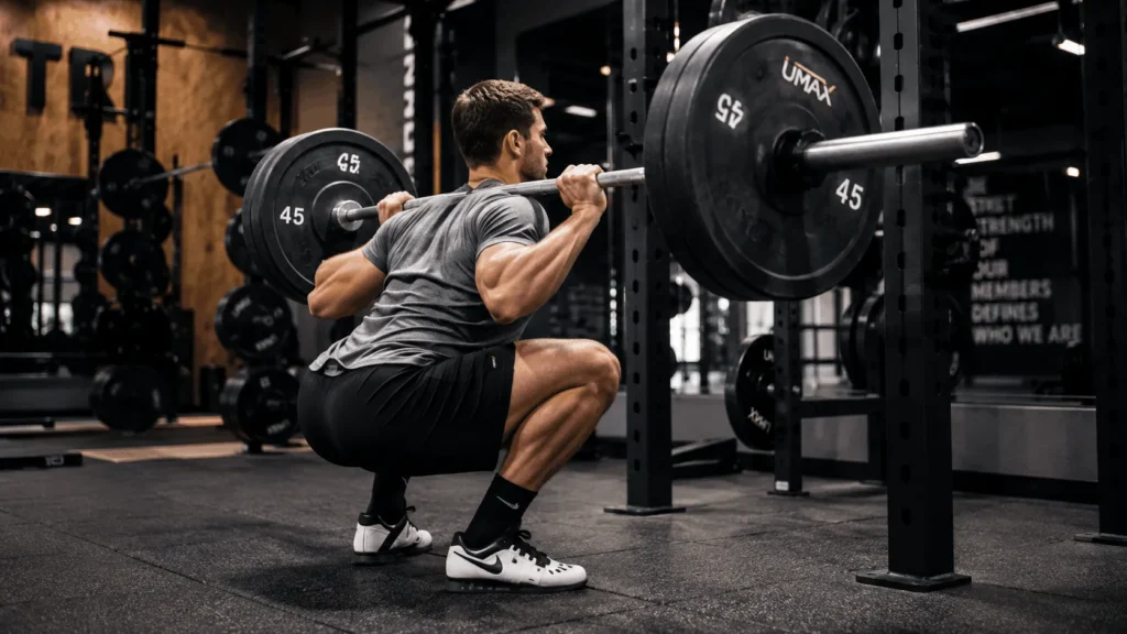 Athlete performing a barbell squat during a leg day on a push pull legs upper lower split
