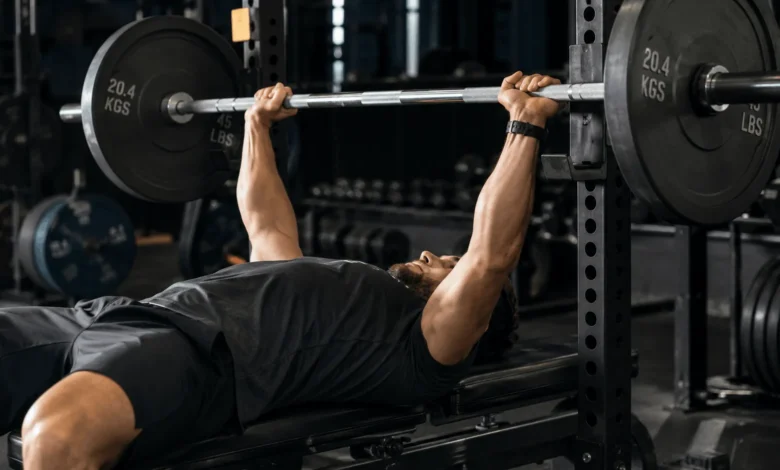 Lifter performing a barbell bench press as part of a push pull legs upper lower split
