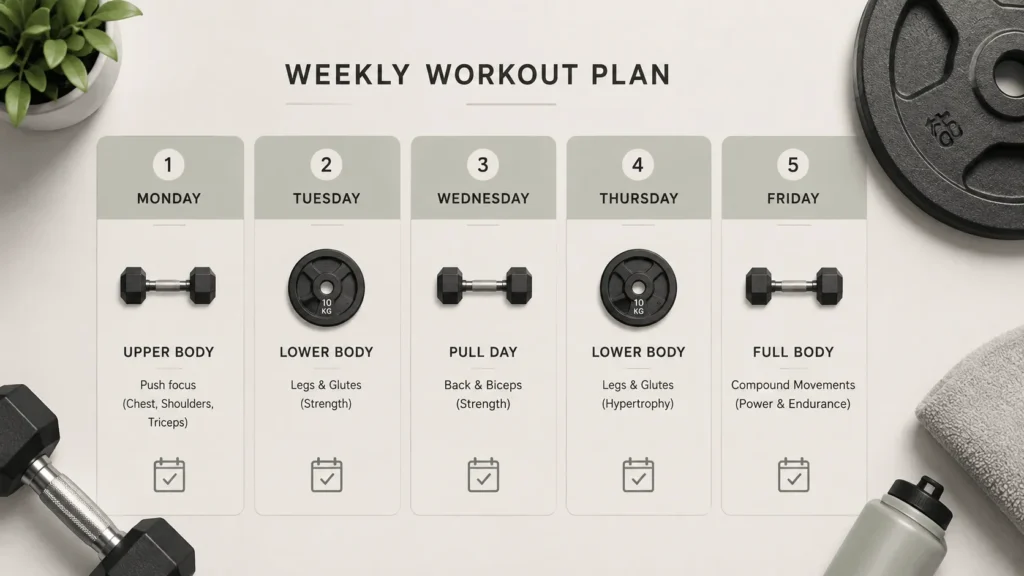 Weekly calendar planning a push pull legs upper lower training schedule
