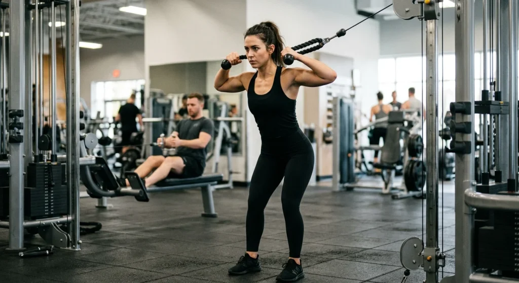 Lifter finishing a face pull, one of the top shoulder cable workouts for rear delts