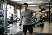 Lifter performing one of the best shoulder cable workouts, a low-pulley cable lateral raise