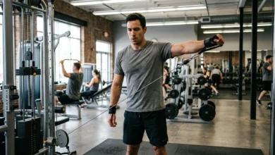 Lifter performing one of the best shoulder cable workouts, a low-pulley cable lateral raise