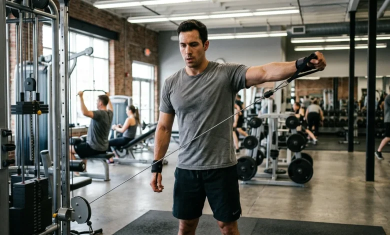 Lifter performing one of the best shoulder cable workouts, a low-pulley cable lateral raise