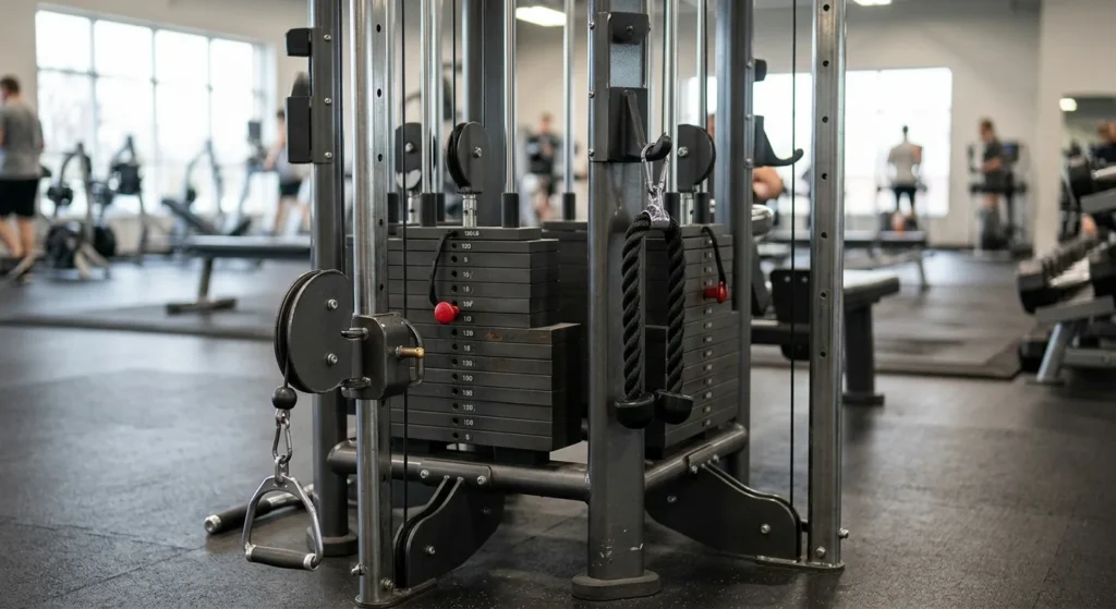 Cable column set up for shoulder cable workouts with a low pulley and D-handle