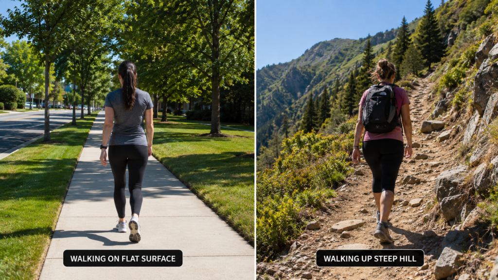 Steps to Calories Burned: How to Calculate Your Burn 14 Comparison of steps to calories burned on flat terrain versus an uphill trail