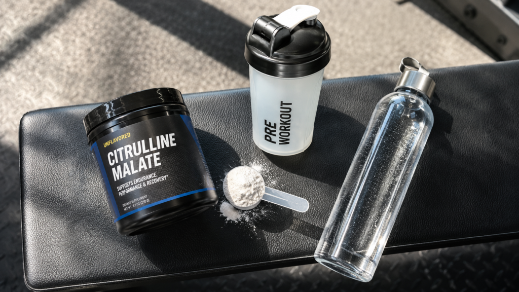 Pre-workout supplement and shaker bottle used to enhance what is a pump in the gym