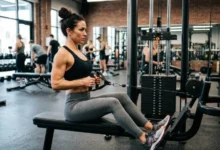 Woman performing an upper body workout for women exercise on a cable row machine at the gym