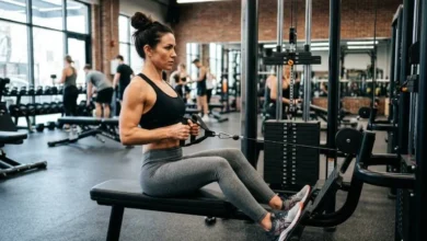 Woman performing an upper body workout for women exercise on a cable row machine at the gym