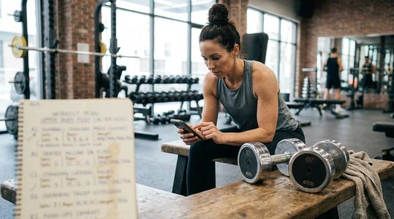 Upper Body Workout for Women at the Gym: A Complete Guide 16 Woman tracking her upper body workout for women progress on a phone at the gym