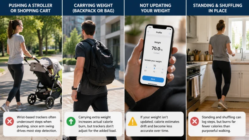 Steps to Calories Burned: How to Calculate Your Burn 16 Fitness tracker accuracy issues including pushing a stroller, carrying extra weight, outdated weight settings, and shuffling while standing