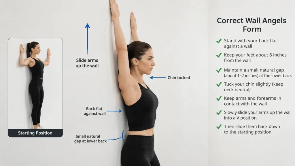 view of correct wall angels exercise form showing spine alignment against the wall