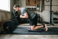 Man performing a glute ham raise alternative called the Nordic hamstring curl