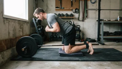 Man performing a glute ham raise alternative called the Nordic hamstring curl