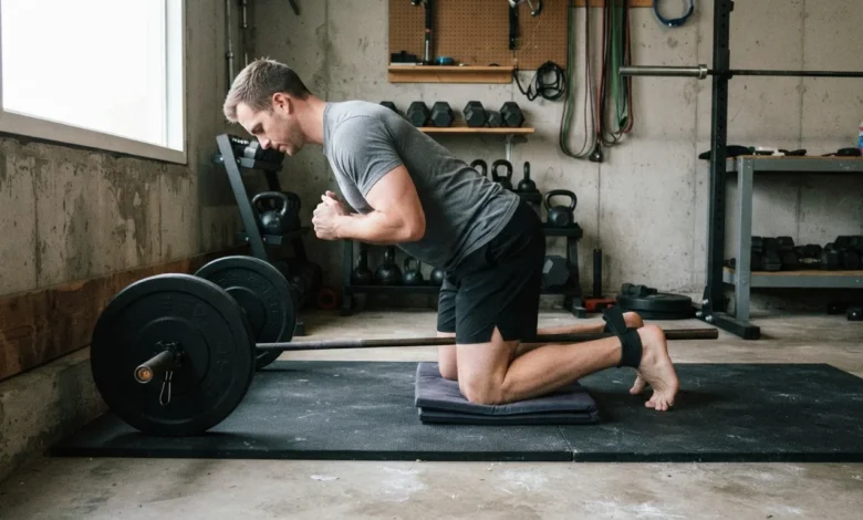 Man performing a glute ham raise alternative called the Nordic hamstring curl