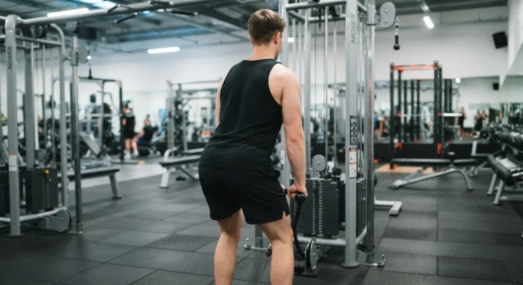 Man performing a cable pull-through as a glute ham raise alternative