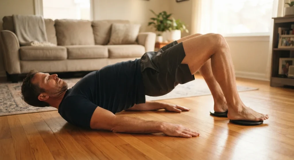 Sliding leg curl used as a glute ham raise alternative at home