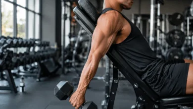 Man performing an incline dumbbell curl on an adjustable bench Image