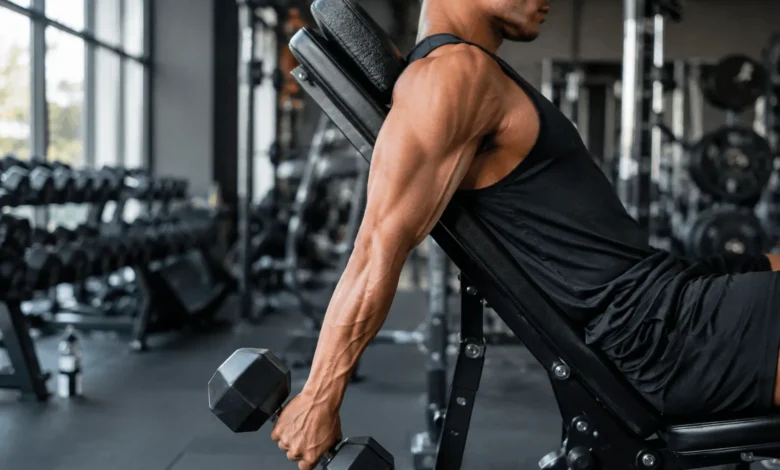 Man performing an incline dumbbell curl on an adjustable bench Image