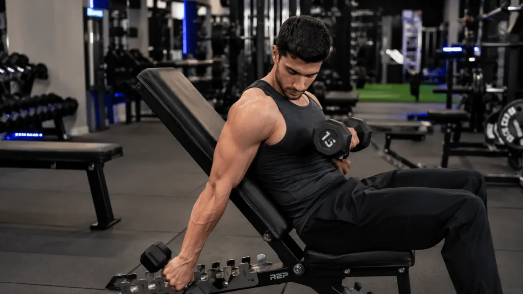 Bottom stretch position of the incline dumbbell curl Image