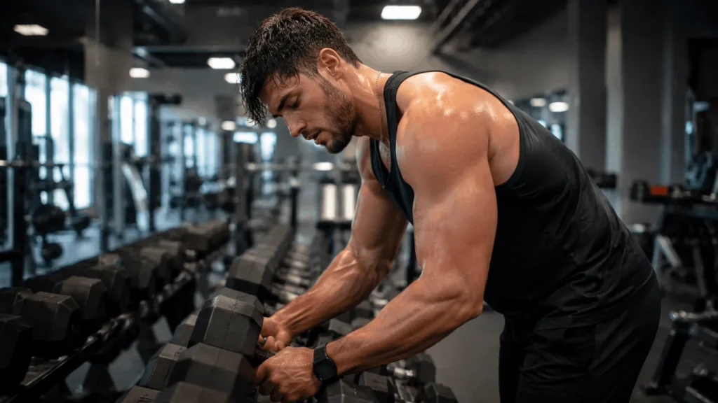 Lifter finishing a set of incline dumbbell curls