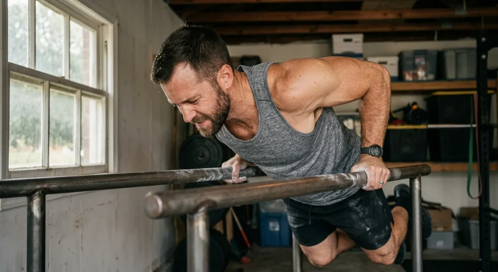 bottom position of a dip showing muscles worked in chest and shoulders