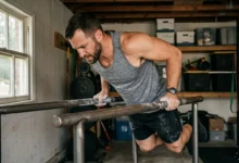 man performing a dip showing which muscles dips work