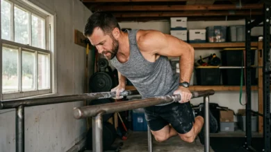 man performing a dip showing which muscles dips work