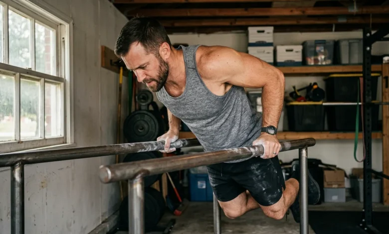 man performing a dip showing which muscles dips work