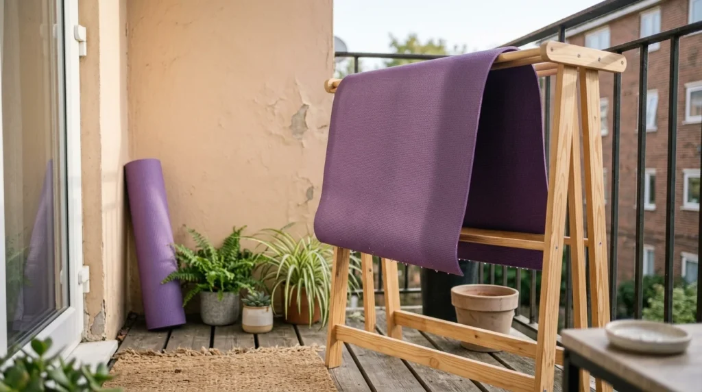 How to Clean a Yoga Mat Without Damaging the Grip 16 Freshly washed mat air drying on a rack after learning how to clean a yoga mat