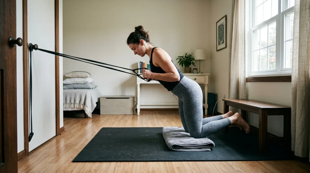 Nordic Hamstring Curl at Home: Setup, Form & Plan 16 Band-assisted nordic hamstring curl at home using a door anchor