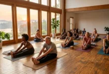 Adults practicing a gentle morning yoga class to enjoy the benefits of yoga for the body and mind