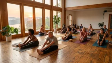 Benefits of Yoga for the Body and Mind 16 Adults practicing a gentle morning yoga class to enjoy the benefits of yoga for the body and mind