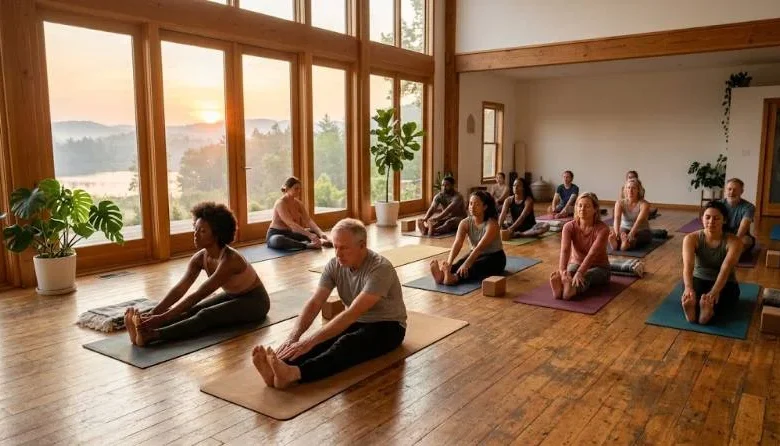 Benefits of Yoga for the Body and Mind 13 Adults practicing a gentle morning yoga class to enjoy the benefits of yoga for the body and mind