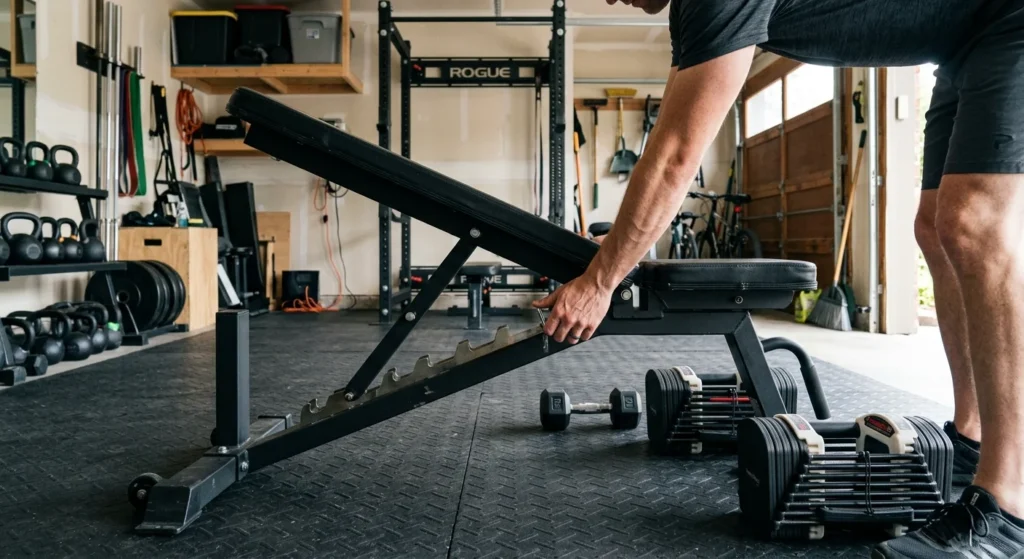 Adjustable bench set to 30 degrees for upper chest exercises